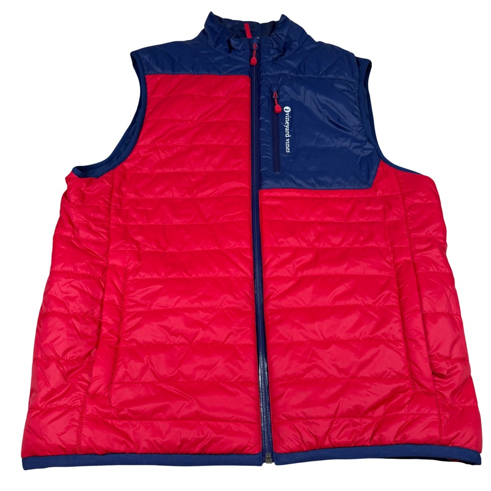 Vineyard Vines Performance Puffer Vest Mens Medium Red Navy Blue Colorblock Zip